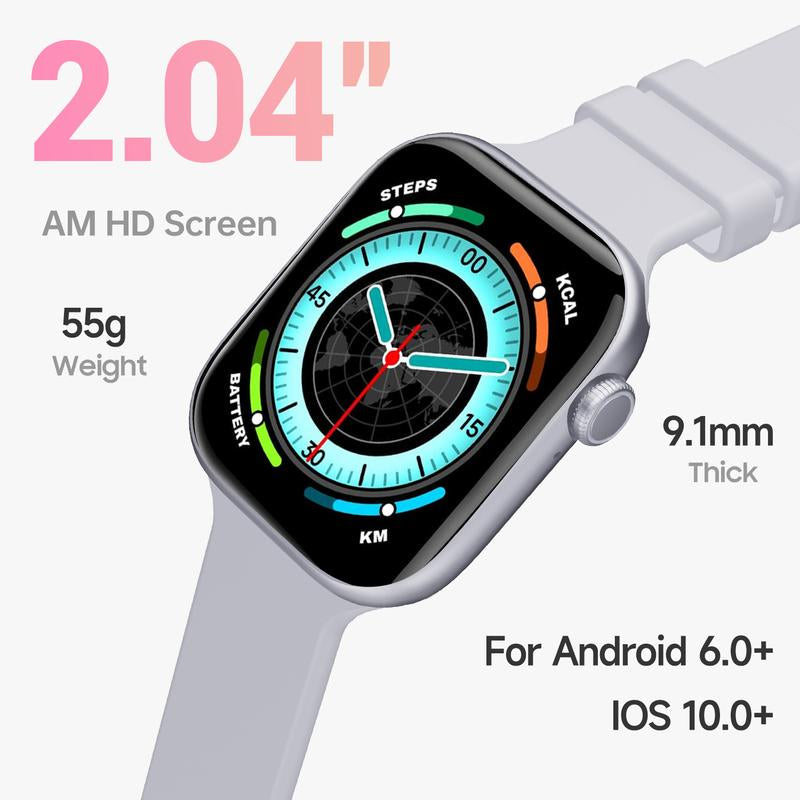 2.04" Fashion Touch Screen Smart Watch with Answer/Make Calls/Message Reminder, Multifunctional Fitness Watch with 100+ Sports Modes, DIY Watch Dials, Smart Watches for Iphone/Andriod, Activity Tracker for Men Women