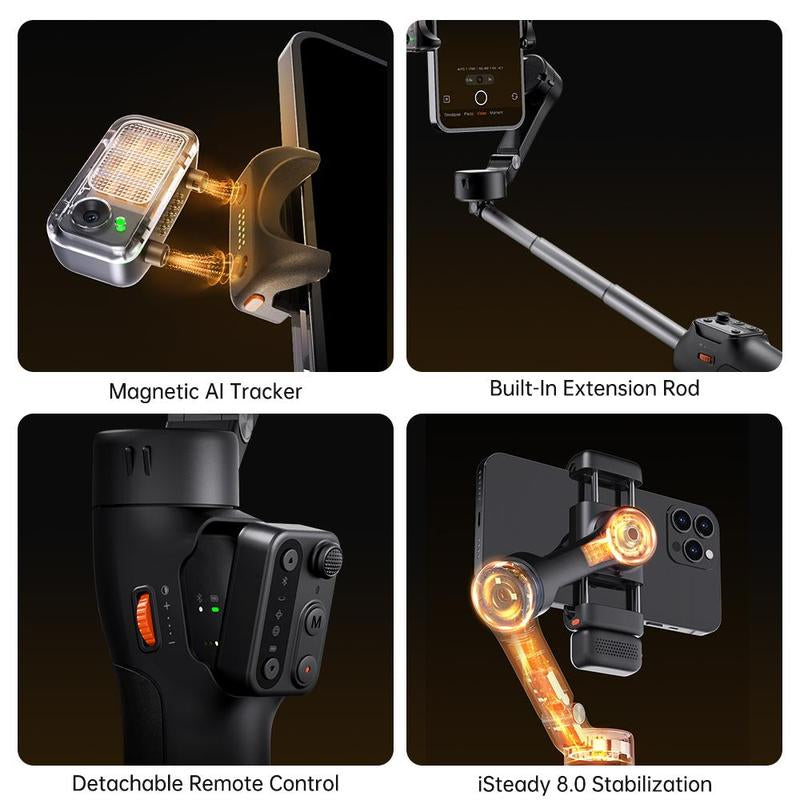 Hohem Isteady V3 New Gimbal Stabilizer for Smartiphone, 3-Axis Phone Gimbal, Magnetic AI Tracker, Built-In Extendable Rod & Tripod, Detachable Remote Control,Selfiestick,Autotracking Tripod,Phone Accessories,Cellphone Smartphone for Travel, Vlog, Tiktok