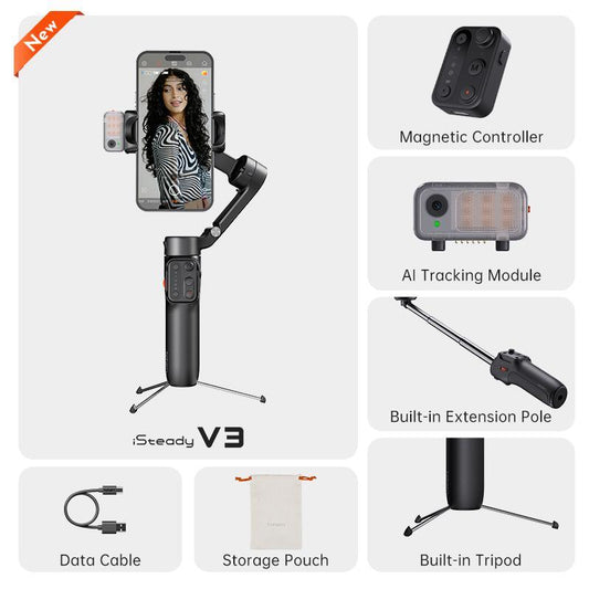 Hohem Isteady V3 New Gimbal Stabilizer for Smartiphone, 3-Axis Phone Gimbal, Magnetic AI Tracker, Built-In Extendable Rod & Tripod, Detachable Remote Control,Selfiestick，Autotracking Tripod，Phone Accessories，Cellphone Smartphone for Travel, Vlog, Tiktok