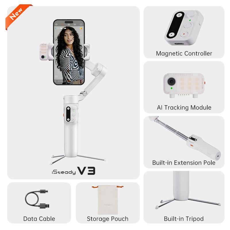 Hohem Isteady V3 New Gimbal Stabilizer for Smartiphone, 3-Axis Phone Gimbal, Magnetic AI Tracker, Built-In Extendable Rod & Tripod, Detachable Remote Control,Selfiestick，Autotracking Tripod，Phone Accessories，Cellphone Smartphone for Travel, Vlog, Tiktok